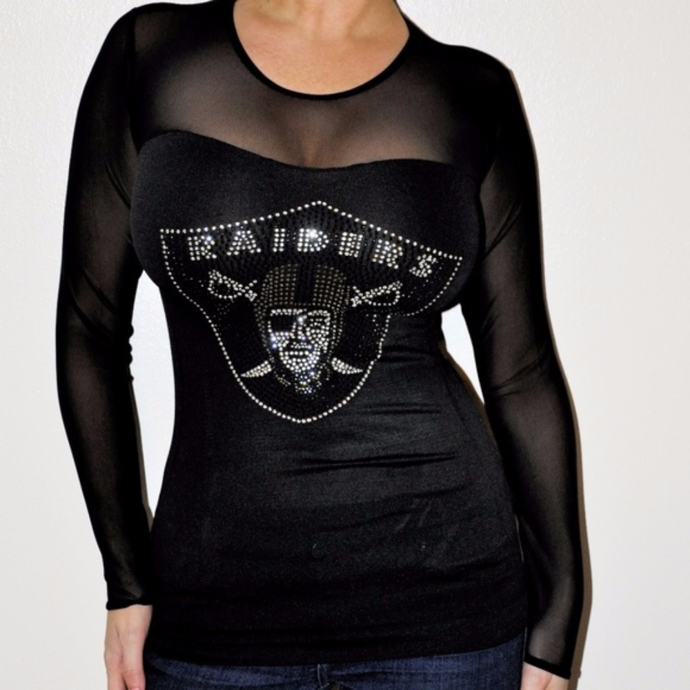 black mesh sheer Oakland Raiders bling shirt top